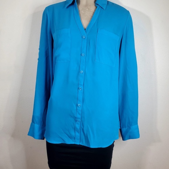 EXPRESS Blouse “The Portofino Shirt” Blue Women’s Size M Button Up - Picture 2 of 14